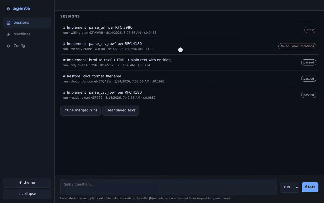 the web UI: the hub, a session view with expanded tool detail, the sandbox config