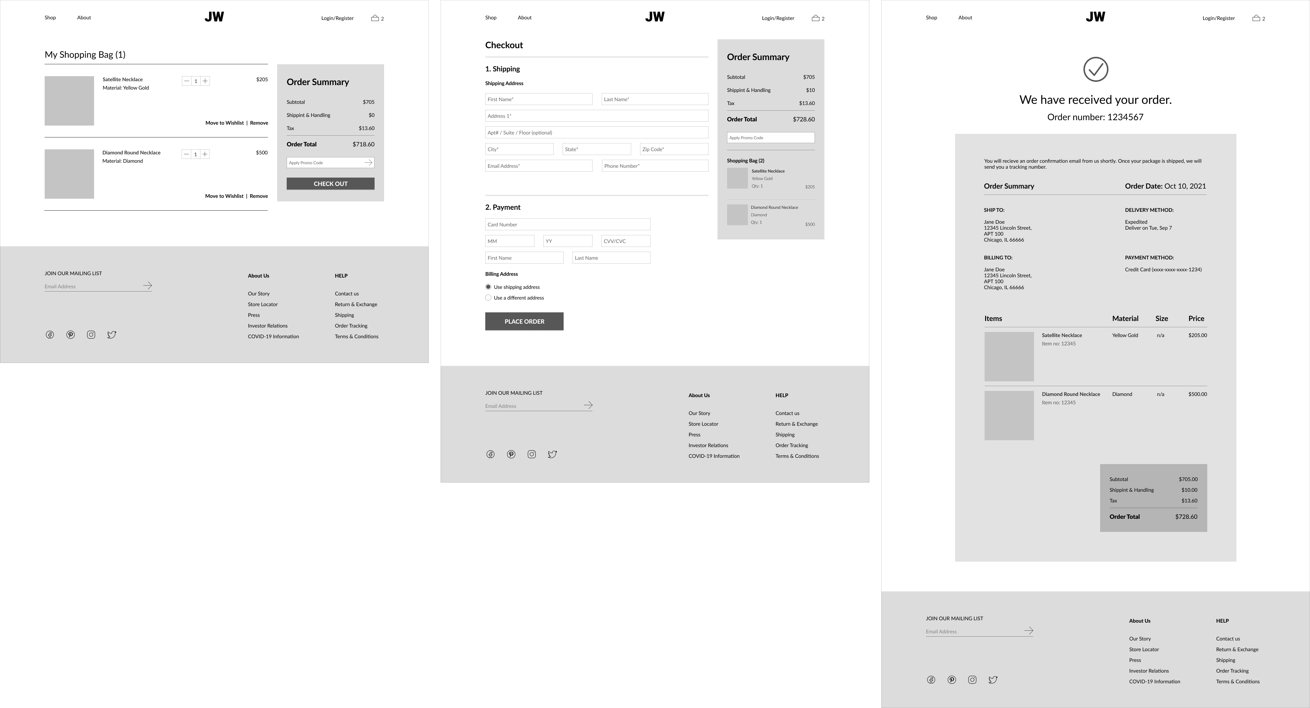 cart and checkout page wireframes