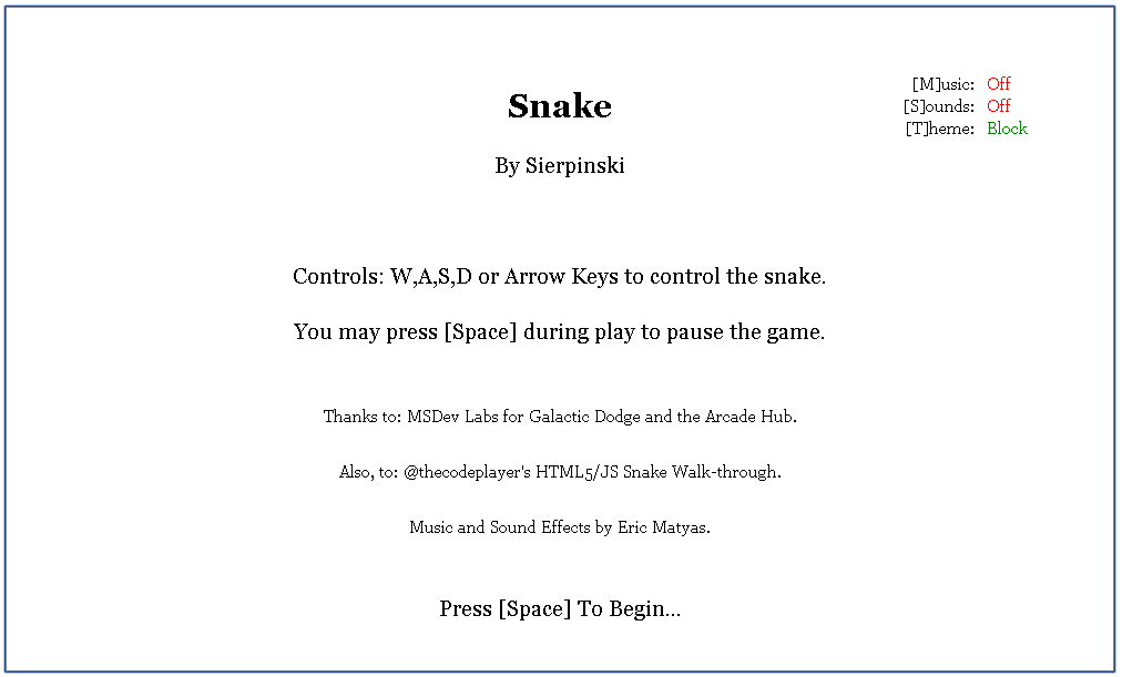 Screenshot of Snake welcome screen.