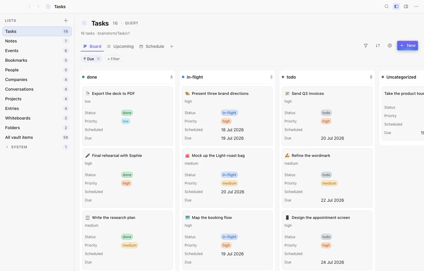 Database — the whole vault as grid, board, calendar, or timeline