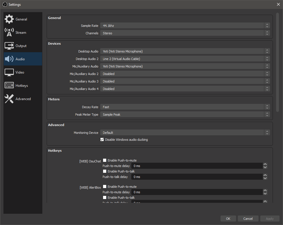 Audio tab of OBS settings menu