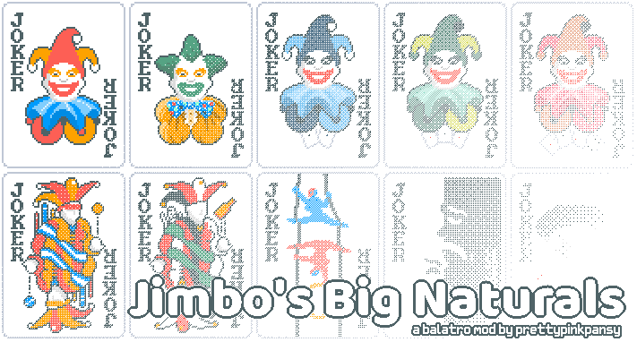 A banner saying Jimbo's Big Naturals with some Balatro card art but all the jokers have boobies.