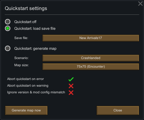 Quickstarter settings dialog