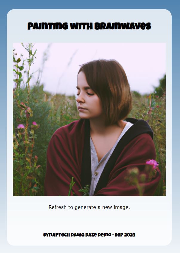 screenshot of Painting with Brainwaves app, an image of a woman sitting in a meadow with her eyes closed, on a blue and white background