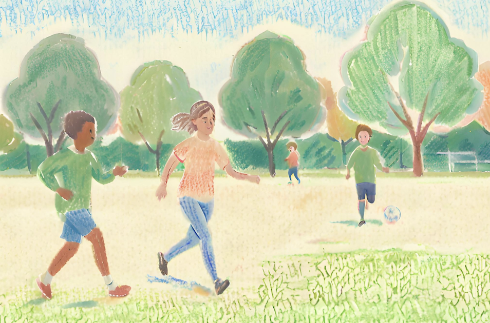 Watercolor image of three people in a park playing with a ball