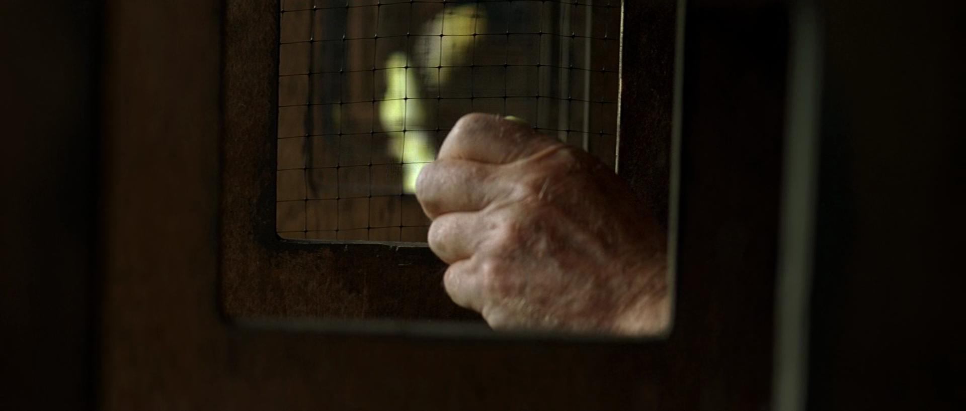 Michael Caine reaching into a cage to gently retrieve a bird. The
              cage is in a larger structure of cages. The camera is viewing
              from an adjacent cage and can see into multiple subsequent cages,
              giving the appearance of a recursive picture-in-picture effect