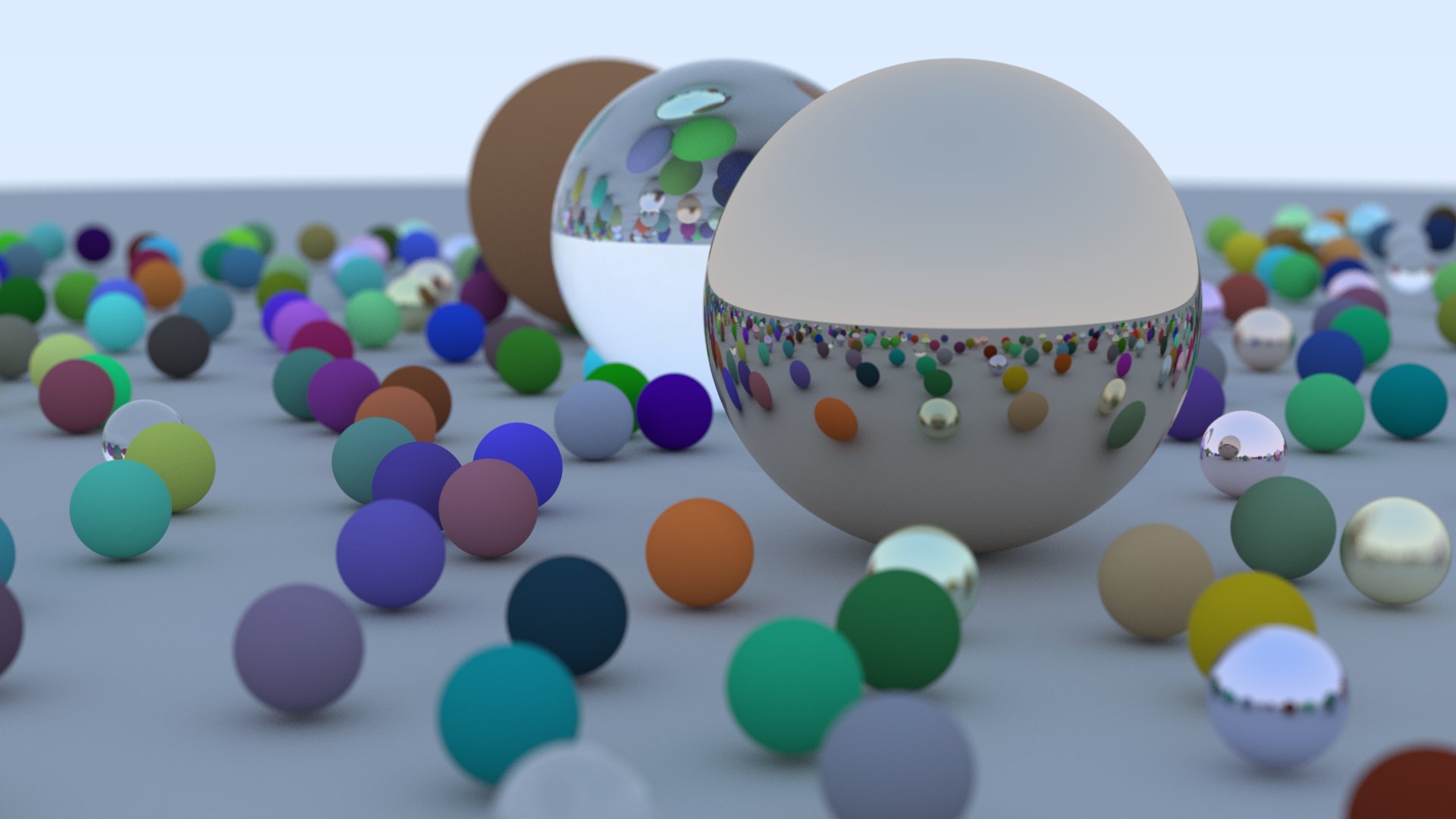 Complex raytraced scene, containing spheres of different materials, including glass, metal, and diffuse soft objects