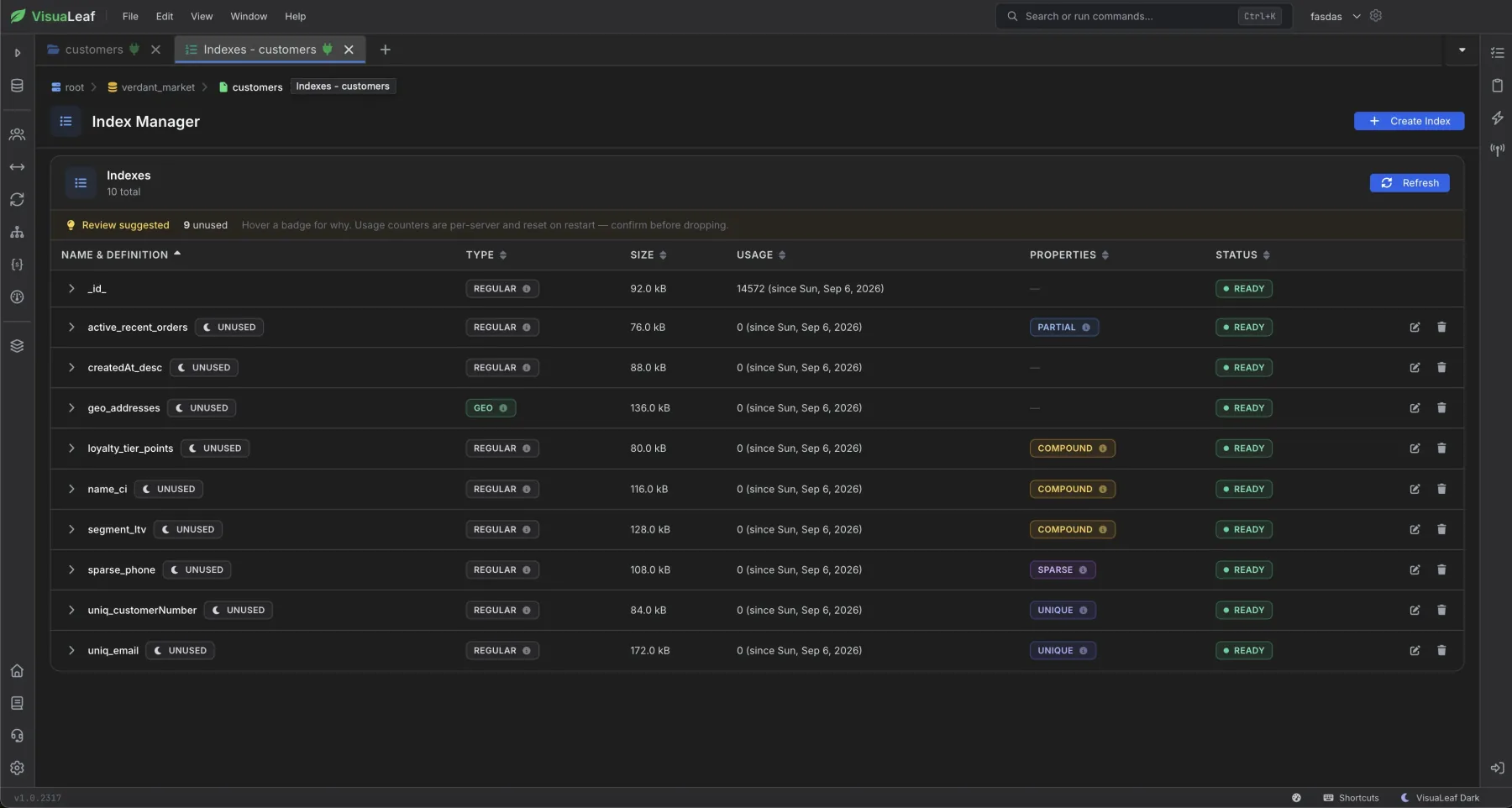 MongoDB index manager — create and tune indexes visually with size and usage stats