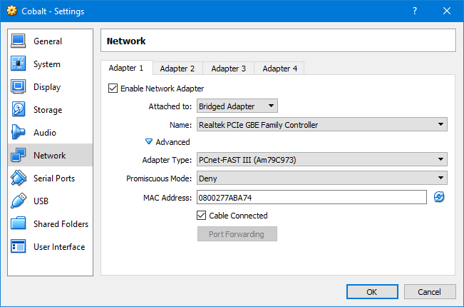 Cobalt network settings