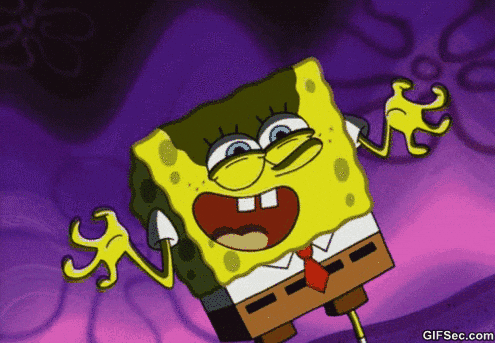 Spongebob laughing evilly over dramatic purple-lit black underwater sky