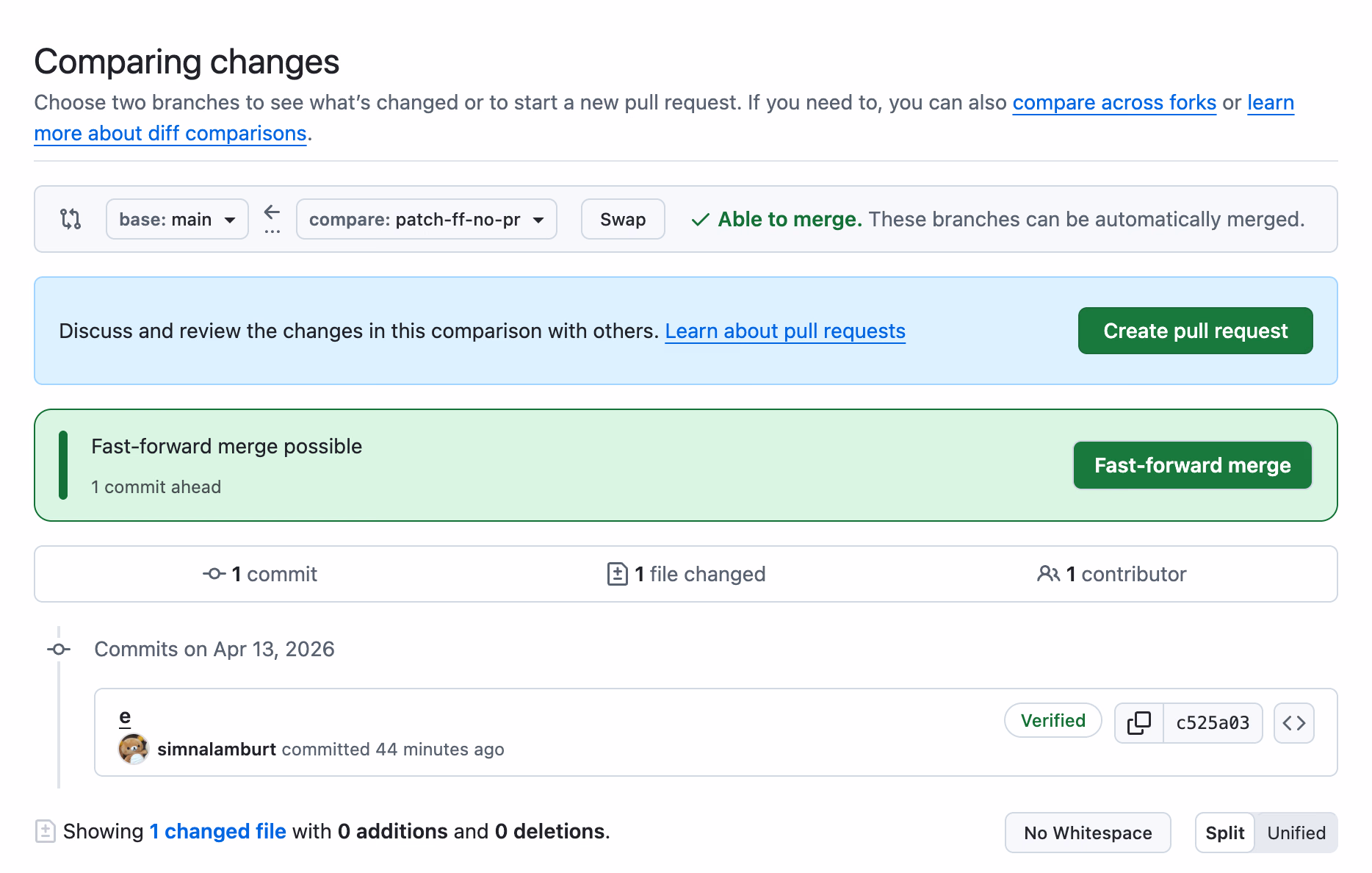 Fast-forward merge for GitHub screenshot