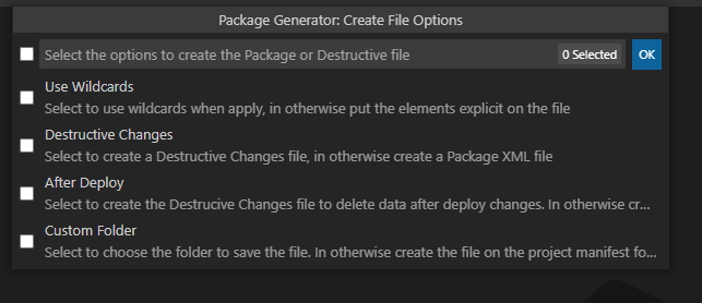 Package Generator Create Options