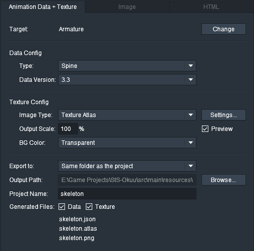 Image example of the recommended settings for Dragonbones Export