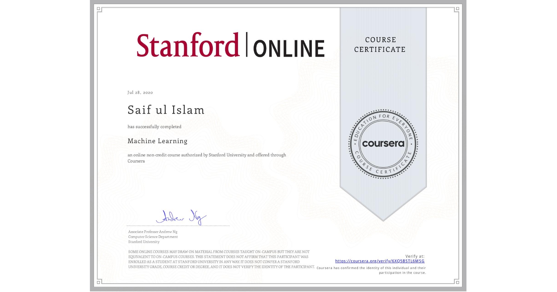 Machine Learning @ Stanford Online