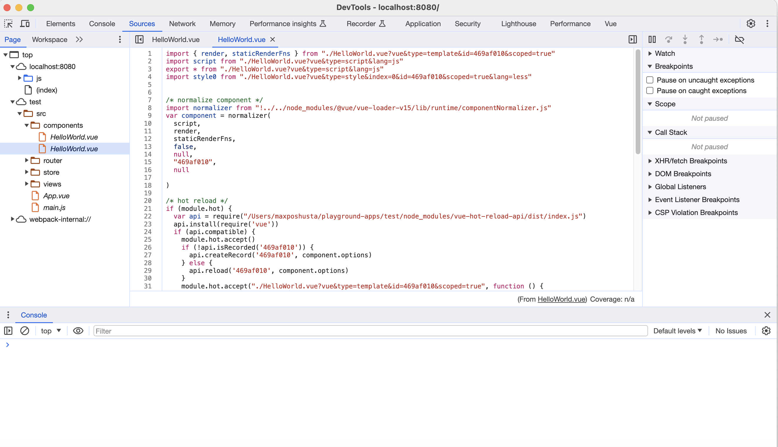 Image of broken source maps or unknown bug causing Vue files to show up odd in Chrome dev tools