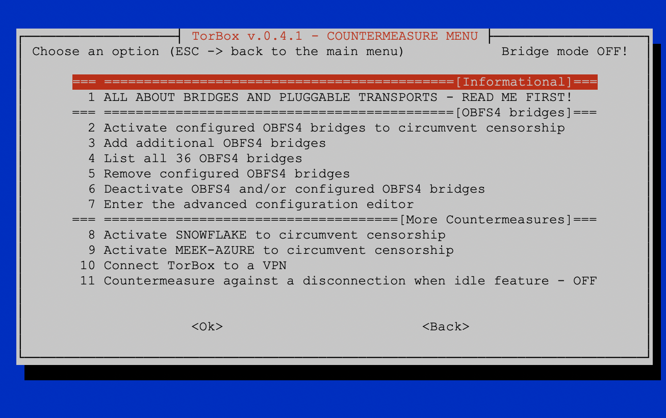 The cleaned-up Countermeasure sub-menu of TorBox v.0.4.1.