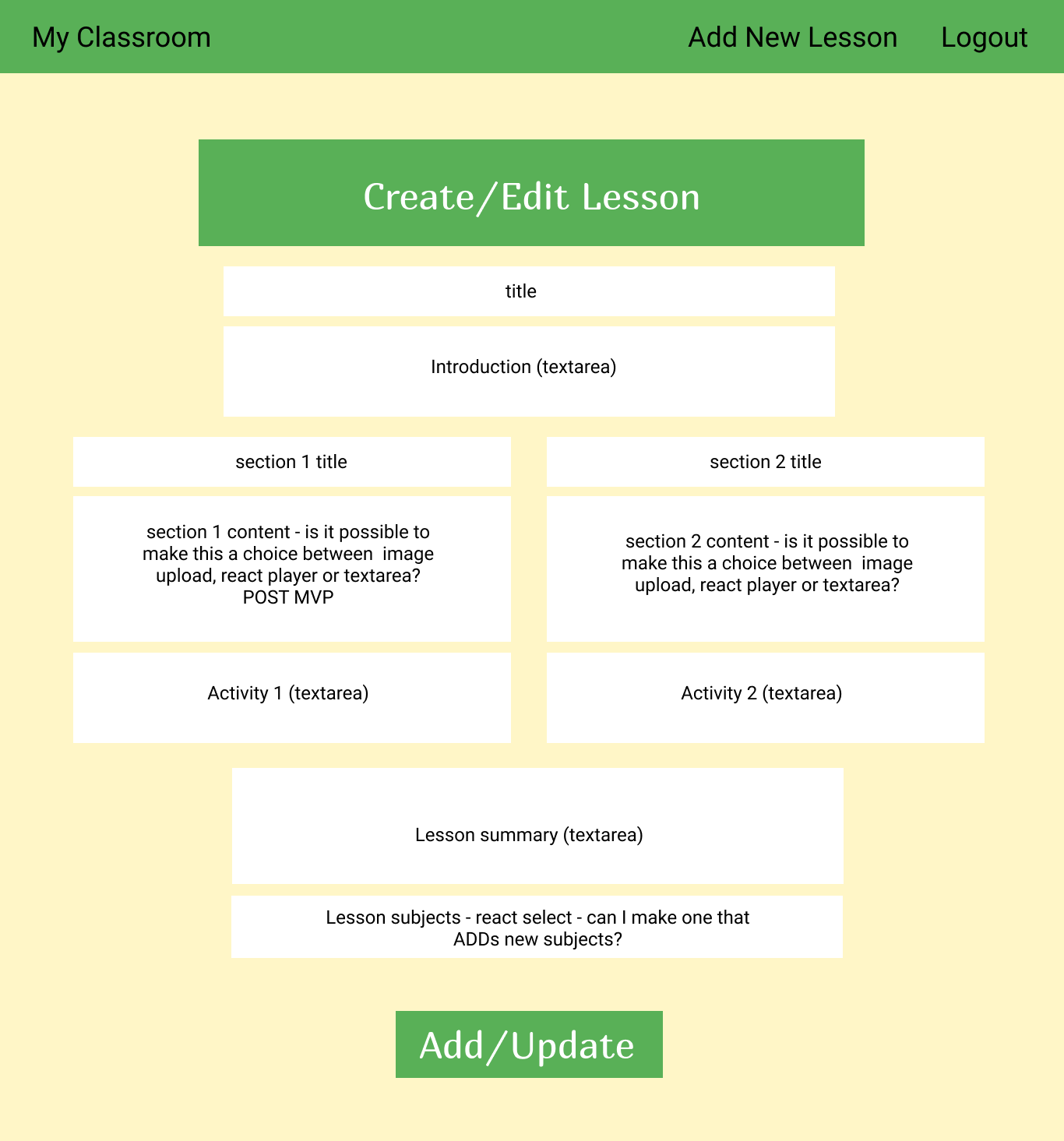 lesson add/edit form wireframe