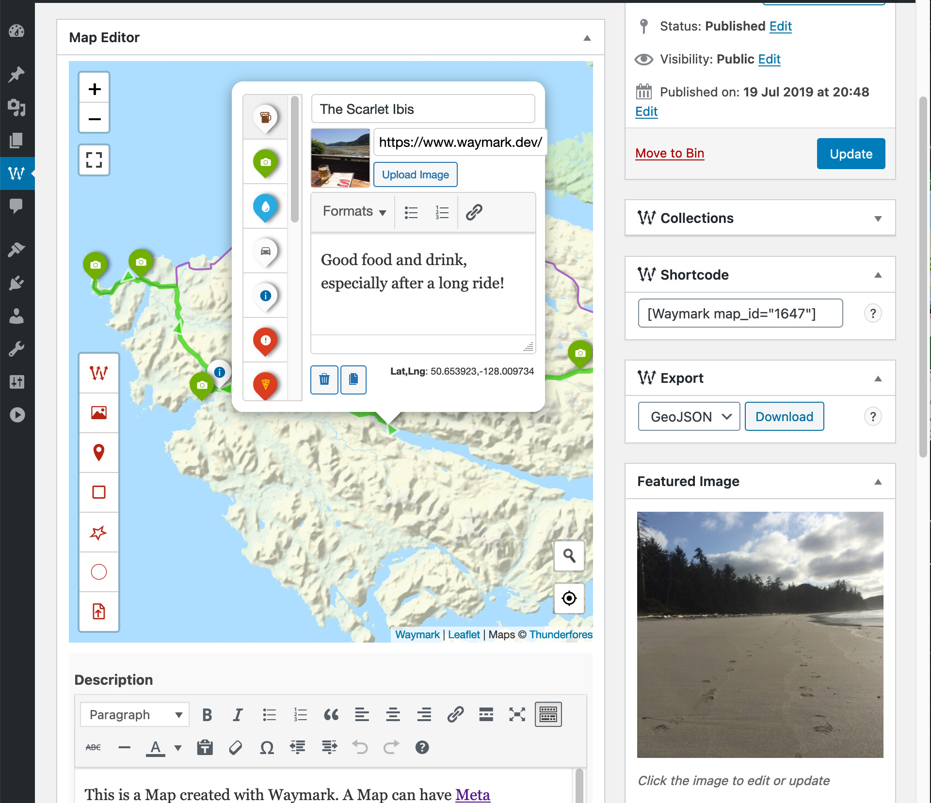 Waymark features a clean, intuitive Editor for creating and editing your Maps. Overlays are customisable using Types, which allow you set styles once (colours/icons etc.), so you can simply select it when you are adding to the Map. 