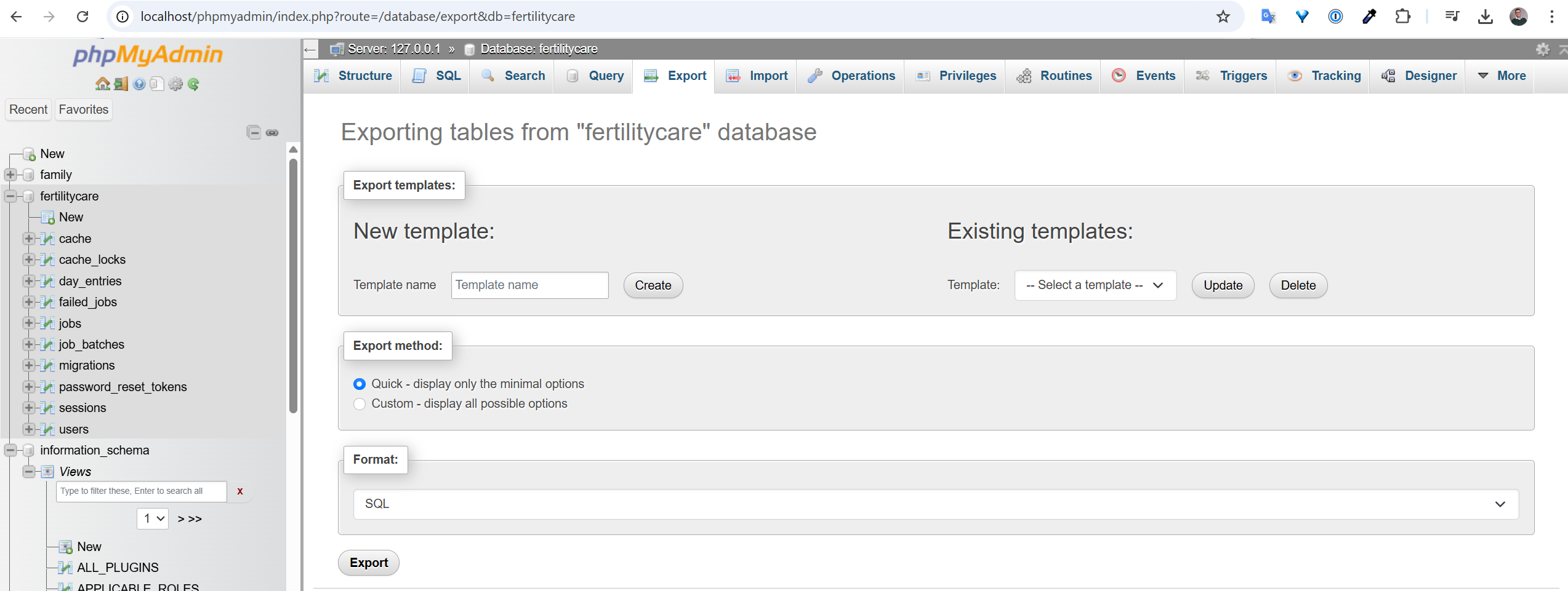 Export Dabatase in phpMyAdmin
