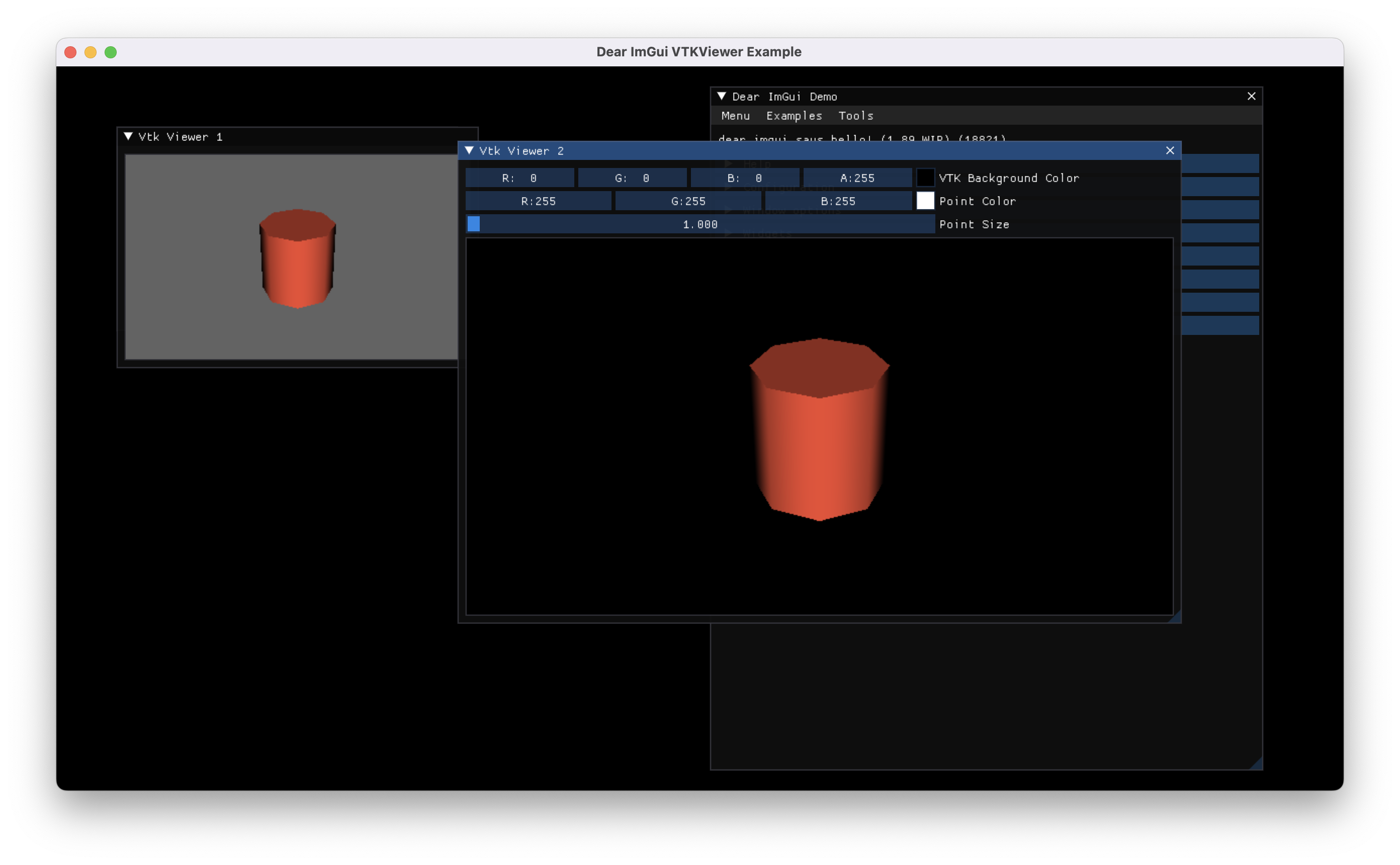 imgui-vtk demo with cylinder successfully rendered