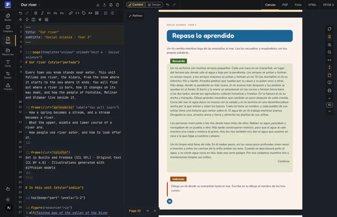 The page with the second box outlined in orange, and the Text panel showing the selected frame in its Markdown.