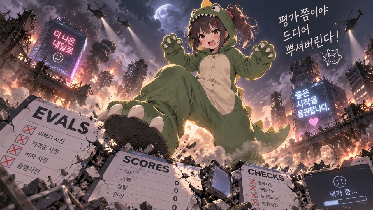 A kid in a dinosaur onesie stomps through a city of collapsing EVALS, SCORES and CHECKS billboards. The official dinostomp music video.