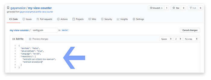 GitHub Profile Views Counter - edit config.json file to add repository names