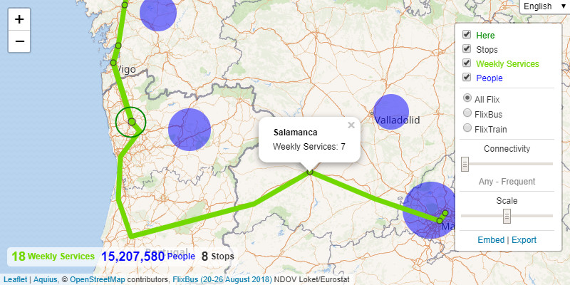 Aquius FlixBus at Braga, showing journeys to Spain, not to Portugal