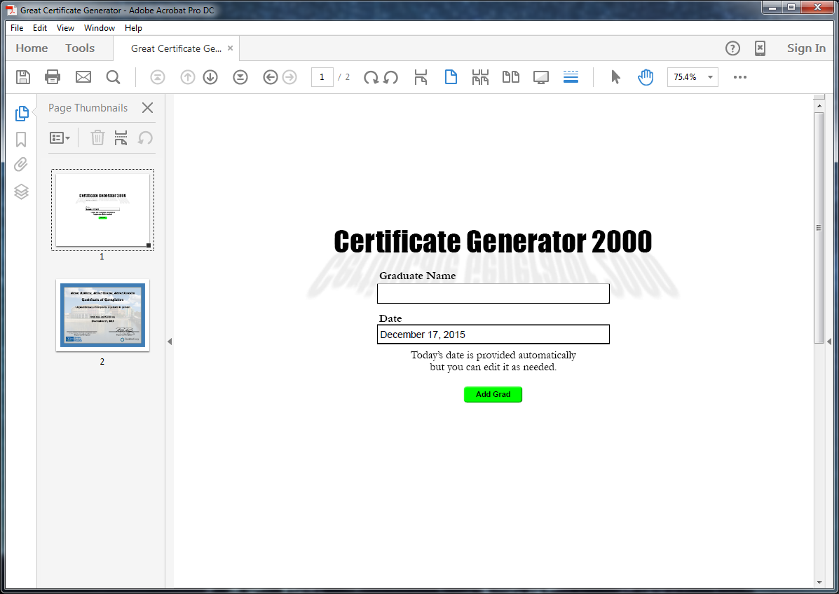 Screenshot of Acrobat. Form page and template page are visible in pages panel.