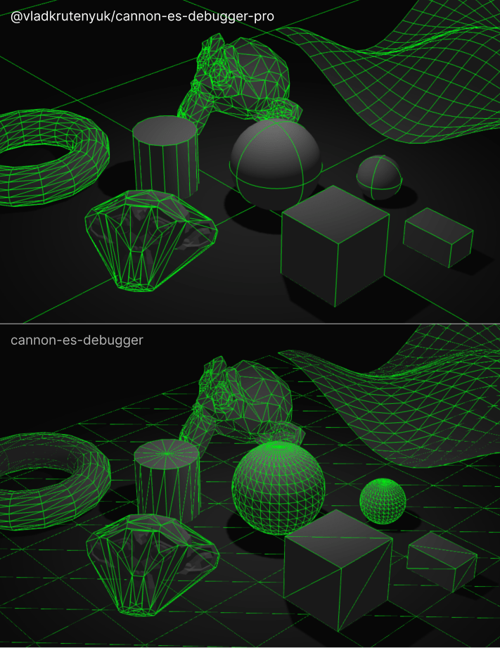Demo screenshot of @vladkrutenyuk/cannon-es-debugger-pro and comparing with @cannon-es-debugger
