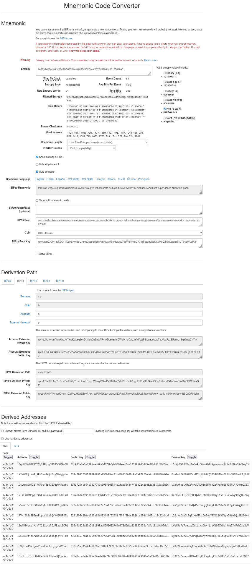 result verification at https://iancoleman.io/bip39/