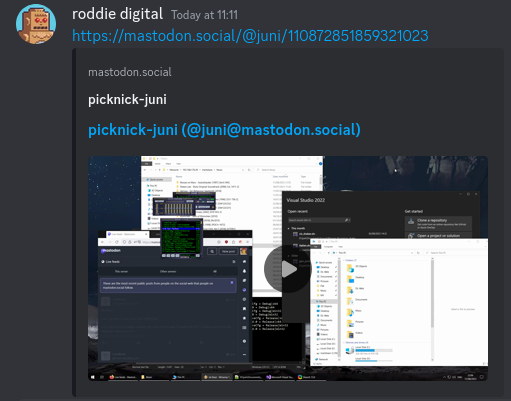 Screenshot of toot embed in Discord with original URL showing only video
