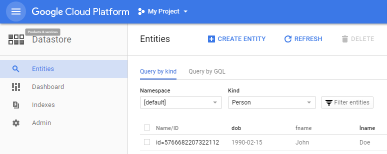 Screenshot of Google Cloud Datastore