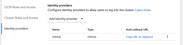 The OpenShift Cluster Manager with GitHub configured as an identity provider.