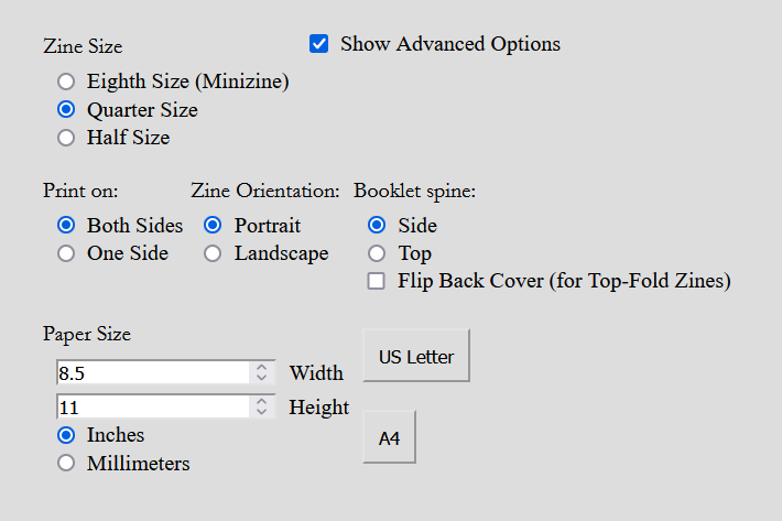 Selected options in the Zine Arranger