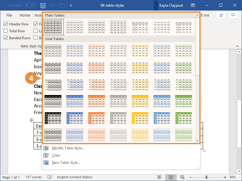 Word Table Design menu