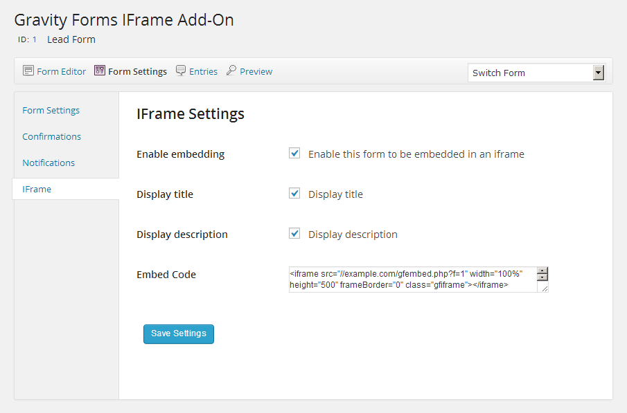 Form Iframe Settings Screenshot