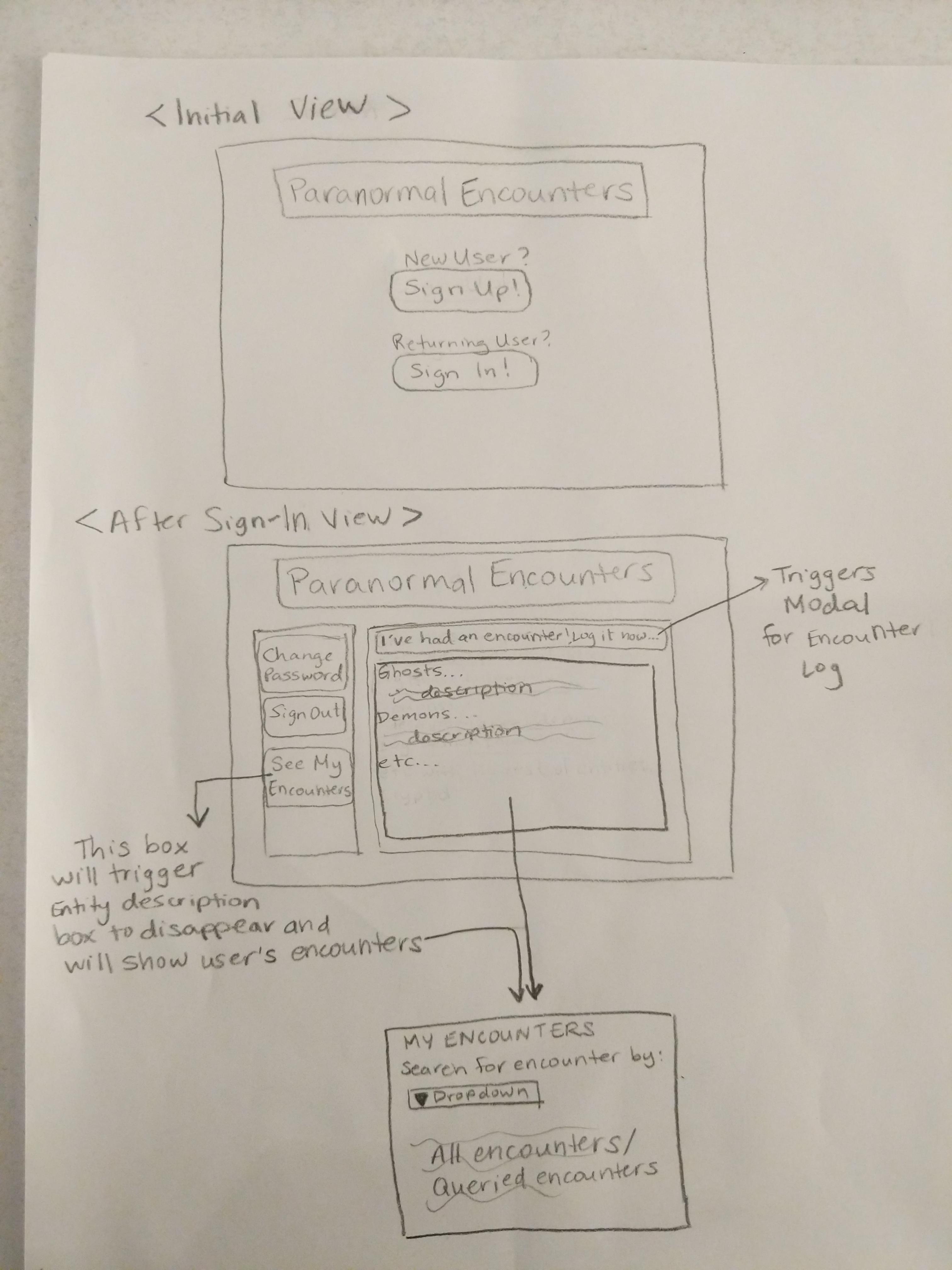 Original Wireframe drawing for Paranormal Encounters SPA