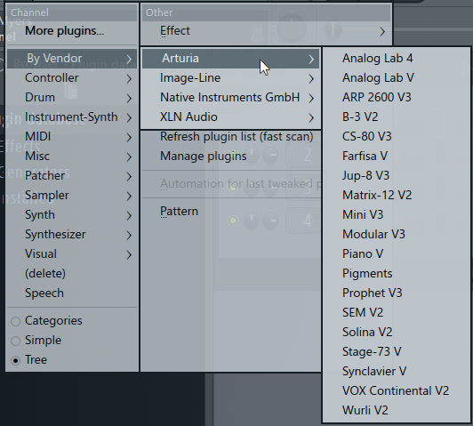 FL Studio add channel dropdown