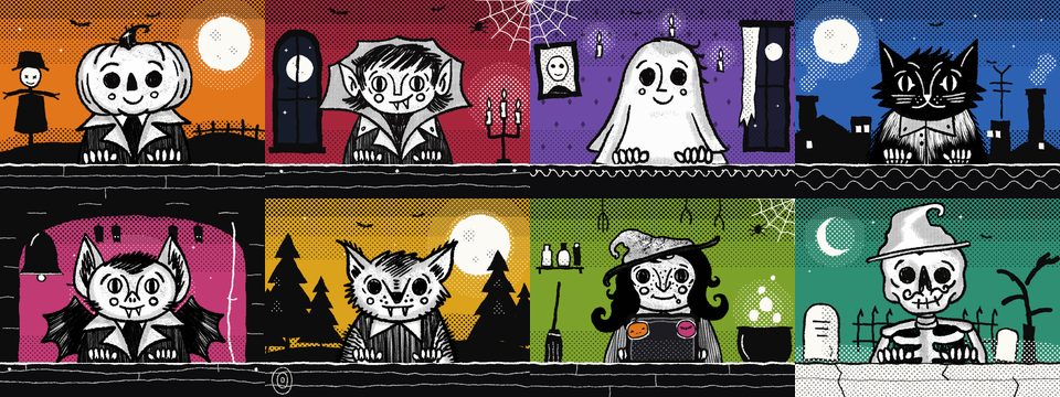 The Halloween pack: eight characters drawn by hand, each in its own room