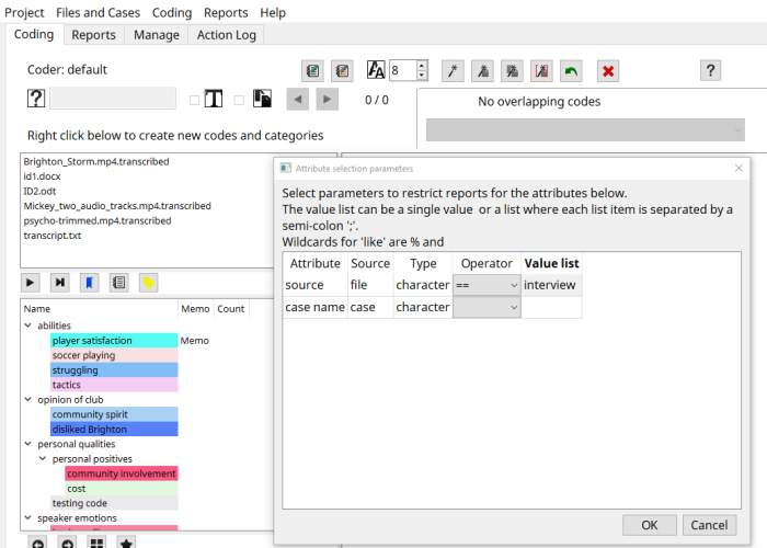 Code text and selecting parameters to show only the matching files