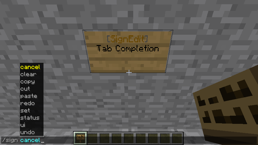 Screenshot of tab completion under /sign