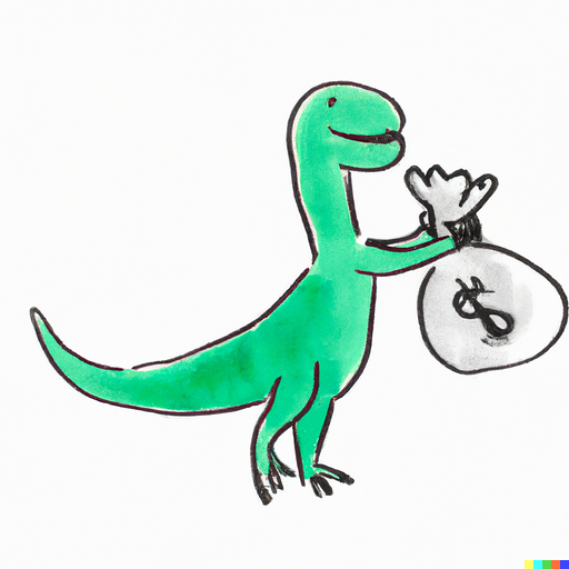 badly drawn green dinosaur carrying a silver money bag