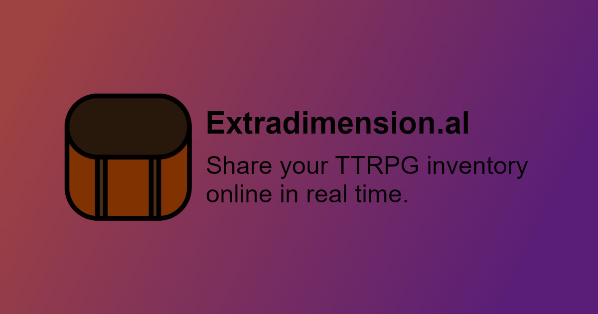 The Extradimensional logo, a stylised bag, next to the text "Extradimension.al. Share your TTRPG inventory online in real time"