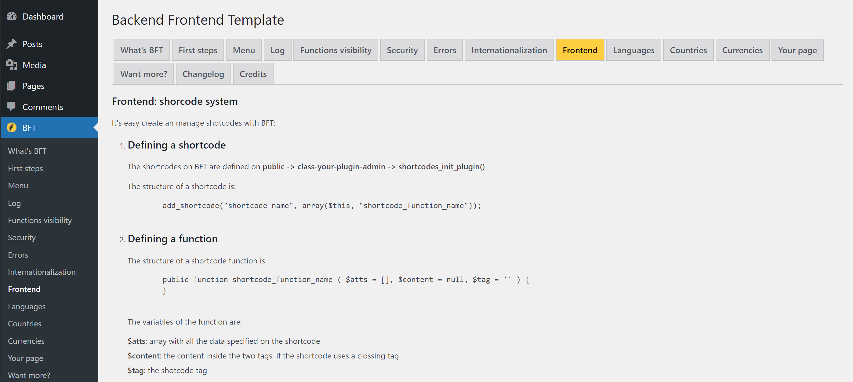 Backend Frontend Template: client side: shortcode system