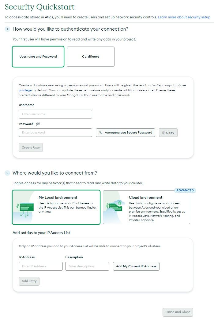 Security Quickstart for the MongoDB Atlas cluster creation