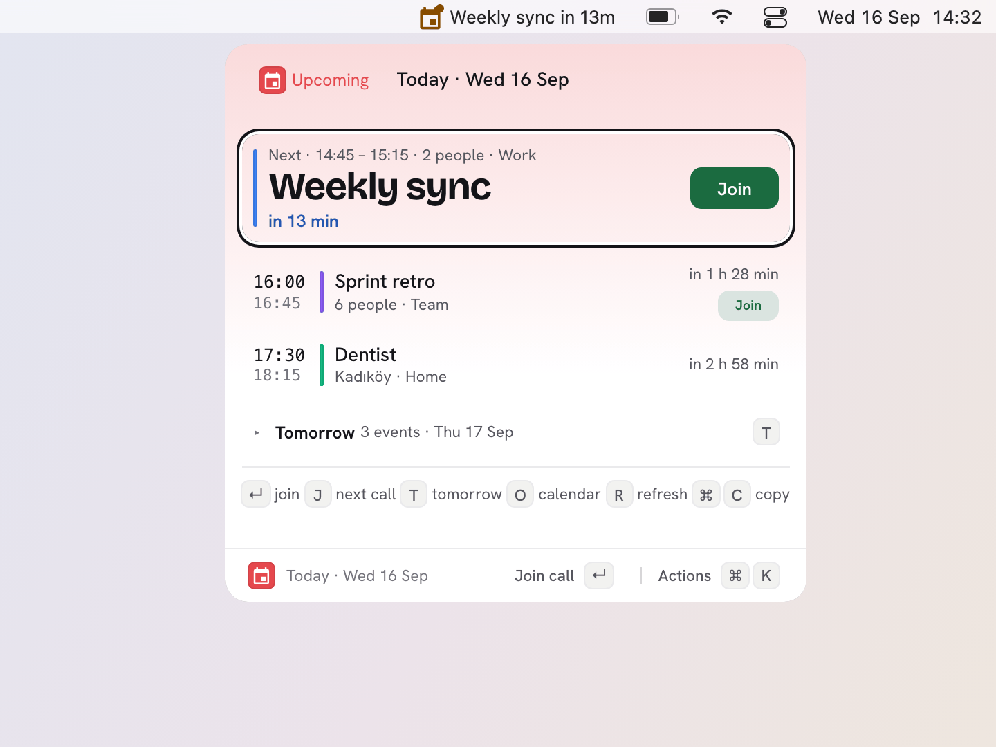 Calendar's bar item: the next meeting on the menu bar, and its
        popover with the day's agenda
