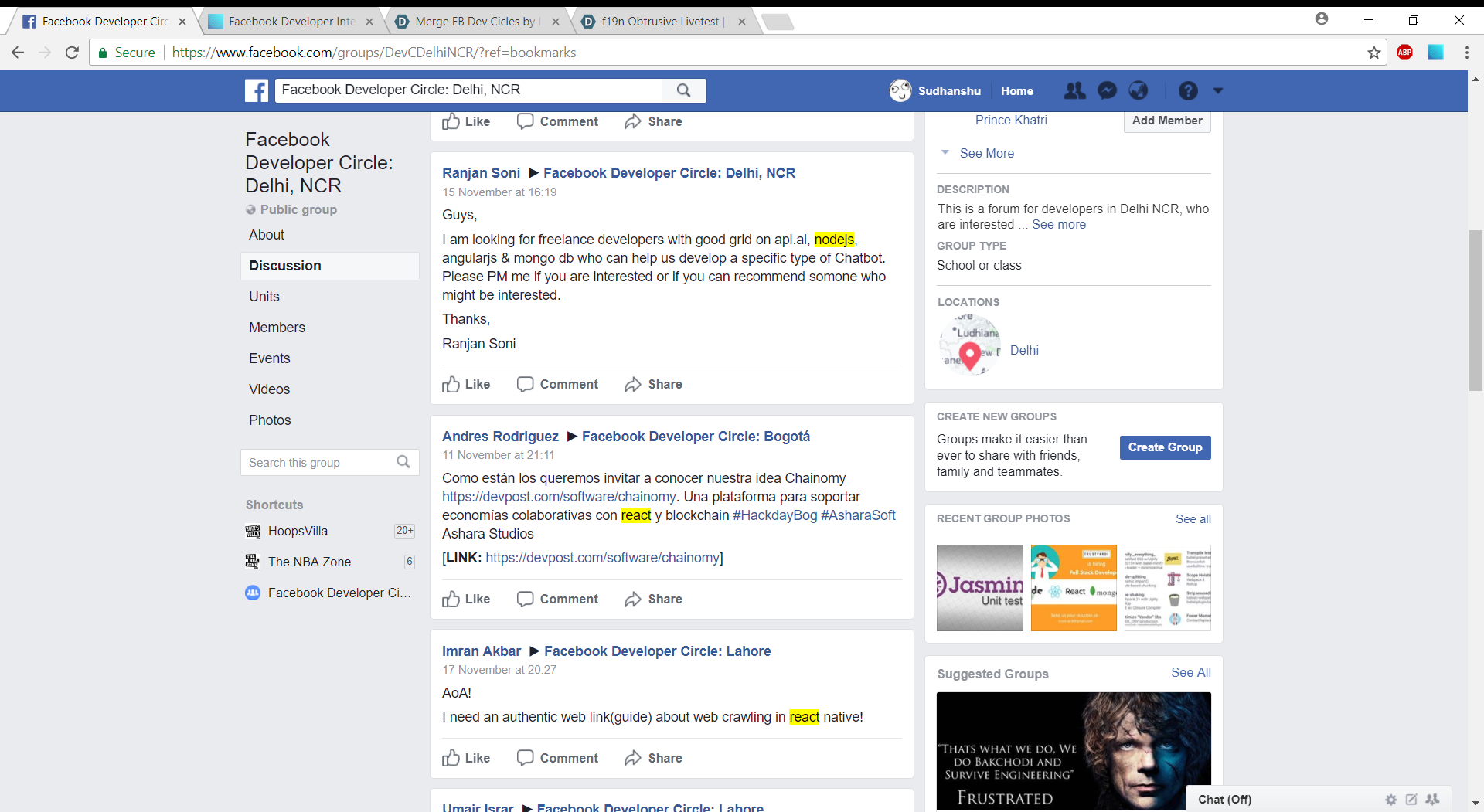 Showing posts from various public Facebook Dev Circle groups (based on keywords - node.js, react) in a Facebook Dev Circle group