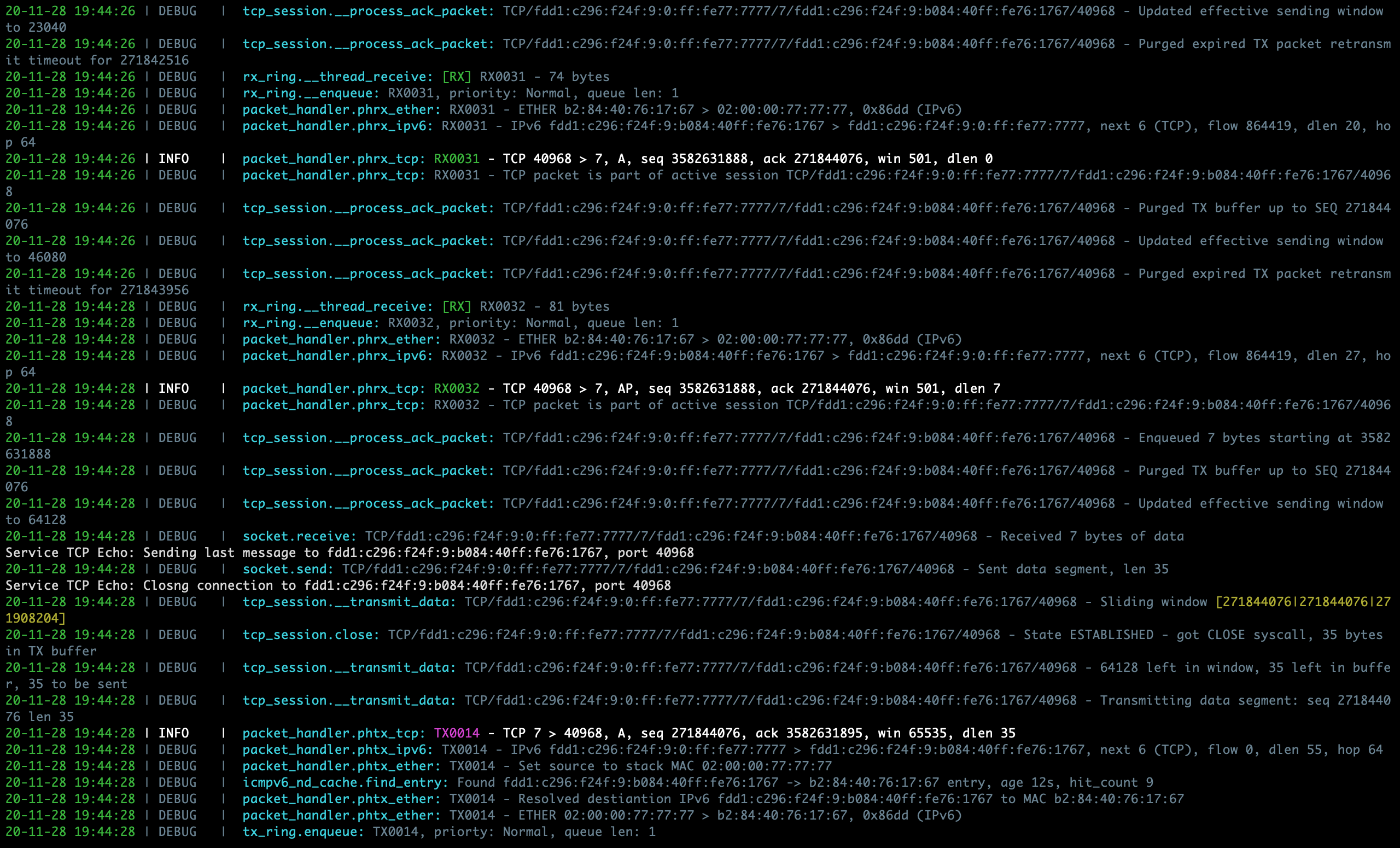 Sample PyTCP log output