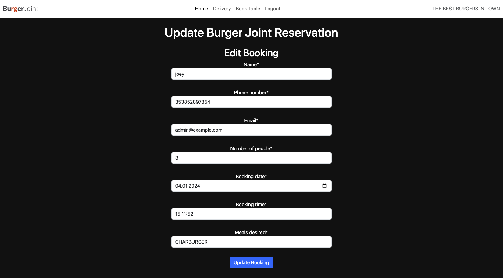 Edit bookings page